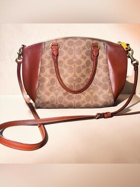 Coach Brown Signature Canvas Dome Satchel with Tan Leather Trim